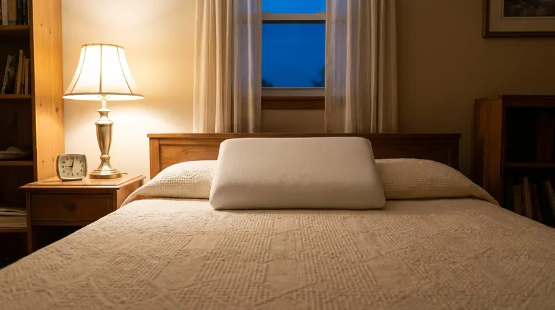 A white rectangular memory foam pillow on a neatly made bed in a dim evening bedroom, lamp light low, windows cracked for the night