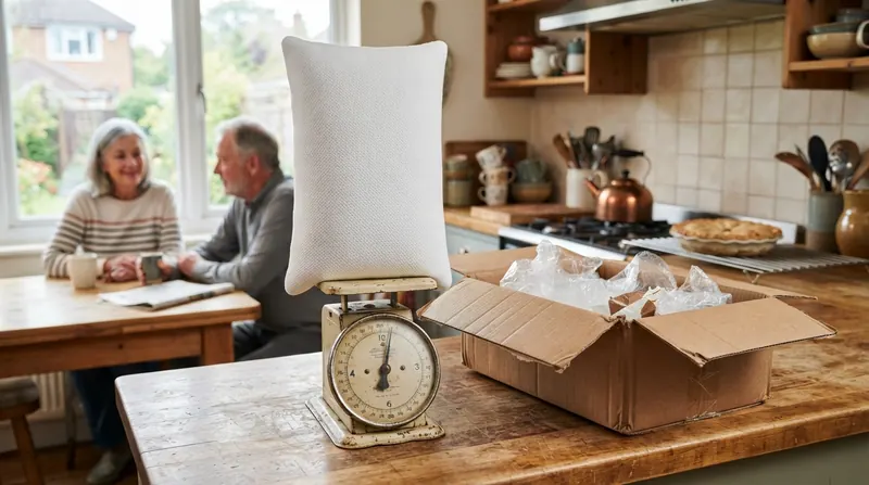 A white memory foam pillow standing on a kitchen scale on a wooden counter, box and plastic wrap nearby