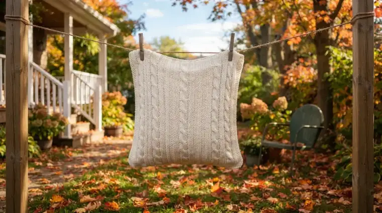 A white knit pillow cover pegged on a clothesline in the October sun beside a garden