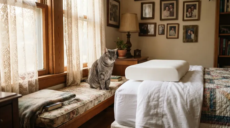A cat sitting on a window seat cushion beside a bed with a new white pillow in evening light
